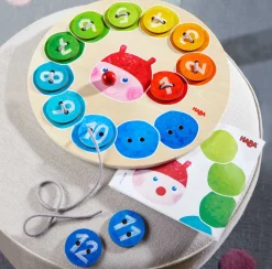 HABA Rainbow Caterpillar Counting Threading Game< Lacing Toys + Motor Skills